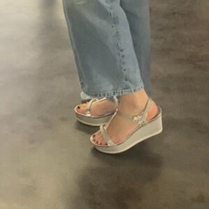 PRADA SANDLES - silver, size 7.5, platform wedges
